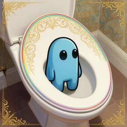 toilet seat with among us character inside it, a rainbow colored outline, intricate, elegant, illustration, digital painting, 8 k, fine detail, artstation, art by greg rutkowski, jack kirby, albert aublet, frank herbert, and alphonse mucha