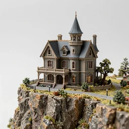 a miniature diorama of a haunted victorian mansion on a cliffside overlooking a beach, dark background, halloween