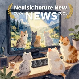 watercolor illustration style, cute! cats!!! watch news in computer