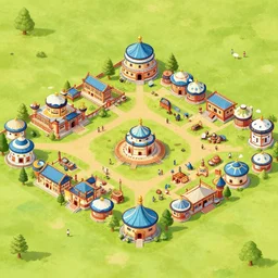 isometric aerial view of a traditional mongol village by greg rutkowski, very detailed, whimsical, trending on art station, digital art.