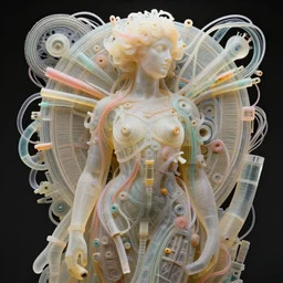 high quality, high detailed portrait of a translucent abstract sculpture, dieselpunk, hyperrealism, intricate details, tubes, cables, wires. connectors. tristan eaton, victo ngai, artgerm, rhads, ross draws, alphonse mucha, pastel colors, vintage, artstation, k rococo, baroque