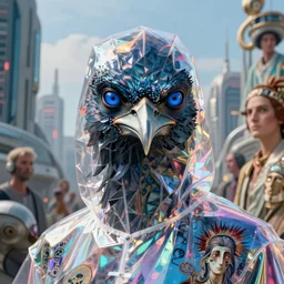 realistic detailed closeup portrait movie shot of a birdman wearing reflective transparent robes, sci fi city landscape background by denis villeneuve, amano, yves tanguy, alphonse mucha, ernst haeckel, max ernst, roger dean, masterpiece, rich moody colours, blue eyes