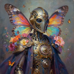 portrait of a divine helmet steampunk robot intricate clockwork dressed in mesmerizing robes and helmet, facemask, butterfly wings, runes, butterfly, mystical, ethereal, magical colorful flowers, concept art painting by greg rutkowski and david a. hardy