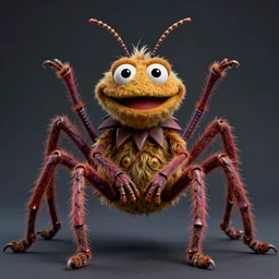 a high quality photo of a strange insectoid muppet god with furry fuzzy body and many segmented legs, absurdist fantasy, sharp focus, vibrant, vivid, symmetry, highly detailed, cinematic, intricate lines, concept art by giger, lisa frank, beksinski, emil melmoth