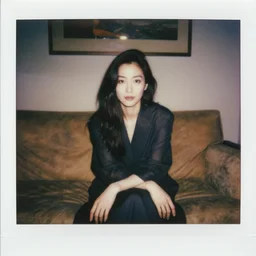 an adult woman sitting in a living room designed by yohji yamamoto, polaroid