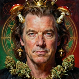 hyper realistic portrait painting of tommy chong ( intrincate detail, golden mushroom ornaments, marijuana ) wet, marijuana buds, by saturno butto, boris vallejo, austin osman spare and david kassan, by bussiere. occult art, occult diagram, red and green color scheme.