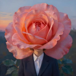 closeup, giant rose flower head, frontal, a girl in a suit, surreal photography, sunrise, dramatic light, impressionist painting, digital painting, artstation, simon stalenhag