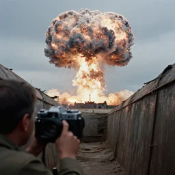 a photo taken from inside of a trench showing a nuclear explosion in the distance, you can see the explosion's shockwave in the clouds, realistic, taken on a ww 2 camera.