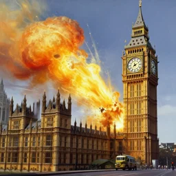 big ben destroyed by a powerful juice explosion, painting by frank frazetta, 3 d rendering by beeple, wlop