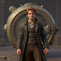 photography of a time traveler with his time machine behind, matte painting, trend in artstation, deviantart, central zbrush, tilt shift, volumetric light, by steven belledin, john william waterhouse
