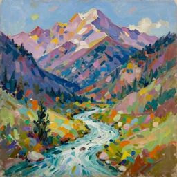Realist colorful impasto painting of the Salmon River mountains by Minerva Teichert, 4k scan, oil on canvas, visible brushstrokes