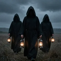 men in hooded black robes with darkness obscuring their faces holding lanterns in a windy stormy field, cinematic