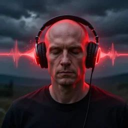 portrait, bald man wearing headphones, by greg rutkowski, in a cabin, storm clouds, red glow surrounding headphones, glow melting up from the headphones, ethereal, thomas kinkade, sound waves, powerful zen composition, by takehiko inoue and ross tran, elegant, realistic