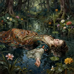 artistic painting, wide angle, side view, medieval princess, ophelia, wearing ornate robes, beautiful eyes and lips, drowned, floating flat on her back in a forest pond, flowers, art by artgerm and wlop and brom, highly detailed, 8 k, cinematic, digital painting, sharp focus, illustration, masterpiece