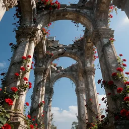 broken arches leading to the pillars of eternity draped with red flowers and vines, blue sky, lens flare, a sense of mystery, cinematic, ultra detailed, intricate, trending on artstation, 8K, illustration