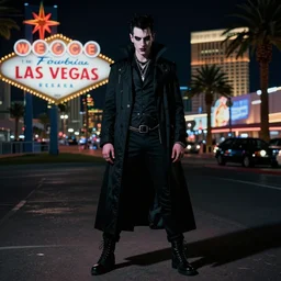 full body portrait of a punk vampire in the shadows of the Las Vegas strip at night, cinematic, hyper realism, high detail, octane render, 8k, CGsociety, concept art