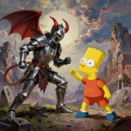 demonic knight fighting Bart Simpson, high fantasy painting, realistic, rule of thirds, cinematic, dramatic lighting, epic landscape background 8K