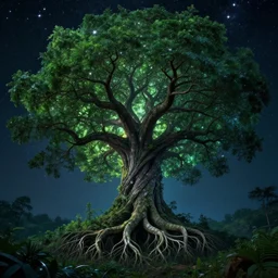 world tree with branches in the stars and roots in the underworld, vast, epic, starry, lush, greenery