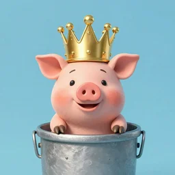 pig in a gold crown in the style of garbage pail kids
