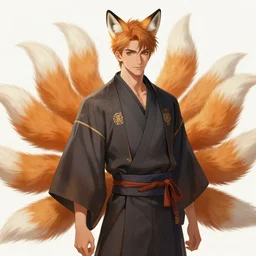 An beautiful digital painting of a beautiful man with fox ears and nine tails wearing a kimono, by Stanley Artgerm Lau, WLOP, Rossdraws, James Jean, Andrei Riabovitchev, Marc Simonetti, and Sakimichan, tranding on artstation, SFW version