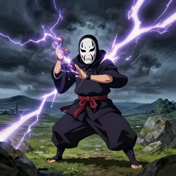 man with a hannya mask, thunder spell, storm, landscape, artstation