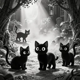 black cats, cartoon, cup head style, black and white
