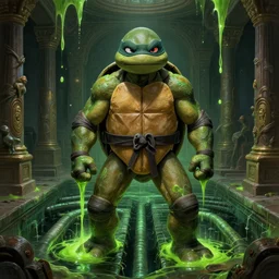 portrait of a teenage mutant ninja turtle in a puritan temple in an underground sewerage network, unadorned, puritan interior, green glowing slime flowing down from the sewers, intricate, highly detailed, digital painting, artstation, concept art, cinematic lighting, illustration, by artgerm, greg rutkowski, alphonse mucha, cgsociety