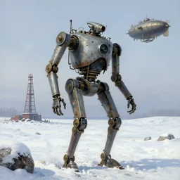 1920's broken down bipedal walker mech in the snowy tundra, oil drill in the distance, steampunk airship above, painted by Jakub Rozalski