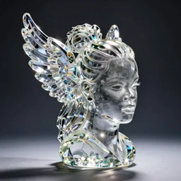 a transparent crystal glass statue of a Rihanna's head with wings on it's back, studio photography, detailed, in focus