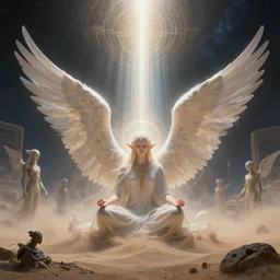 elven angel meditating in space, halo, light shafts, wisps, sandstorm, light diffusion, godly, ascending, by moebius, digital art, beautiful, sacred, holy, surreal, fantasy art, oasis, by durer, durer, fairies, surreal alien kingdom, ancient civilization, alien language, space civlization, dmt entity, machine elf, machine elves, 4d, advanced civilization, anunaki, sacred geometry, pretty face, starscape