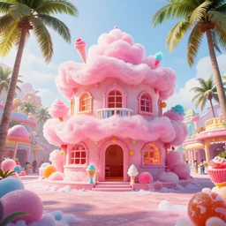Cotton candy house in kerala, fantasy city streets, covered in sugar and candy, marmalade, jelly, coconut trees, happy, very detailed and hyperrealistic, cinematic composition, epic lighting, ice cream, sugar, volumetric lighting, levels,trending in Artstation, by frank frazetta, unreal engine, megascans