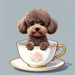 Concept art of cute poodle sitting inside a tea cup