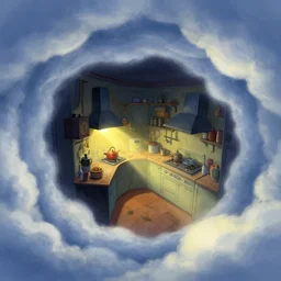 naive nerikomi, curved cloud perspective, extra narrow, detailed illustration of a kitchen dim lit by flashlight in a scenic spiral environment by rhads from lorax movie, trending artstation, true color