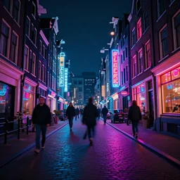neon streets of amsterdam, 4 k, award winning photo, cyberpunk style