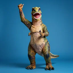 wallpaper of obama in a dinosaur costume cheering looking at the camera, blue background, studio lighting, high detailed, whole body visible