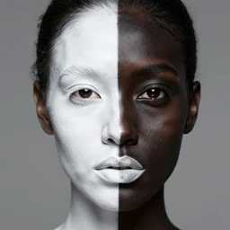 A woman's face half with white skin and half with black skin