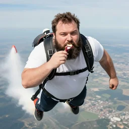 photo of a fat guy with a black beard flying on jetpack while eating a viennetta