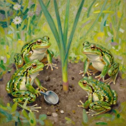 beautiful impressionist painting of frogs gardening
