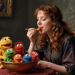 a woman eating a muppet, next to a bowl full of muppets