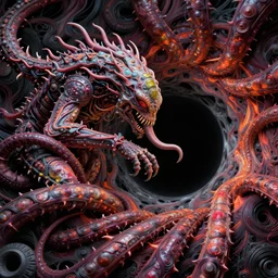 a giant lovecraftian tentacle creature gripping a black hole, digital art, photorealistic, vivid colors, highly detailed, intricate