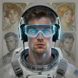 future coder looking on, glowing visor over eyes and sleek neon headphones, neon accents, desaturated headshot portrait painting by donato giancola, dean cornwall, rhads, tom whalen, alex grey, alphonse mucha, astronaut cyberpunk electric fashion photography slight stubble