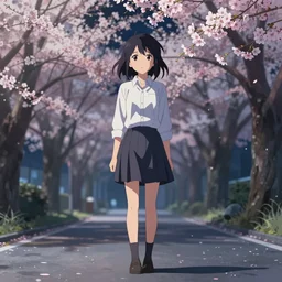 at the end of the world, girl standing on road at night, sakura blossoms, highly detailed, deep focus, elegant, digital painting, smooth, sharp focus, illustration, ultra realistic, 8 k, art by makoto shinkai