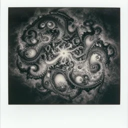 a black and white photo of a monstrous and pathological shape, mandelbrot, in the style of m c escher, egon schiele, jenny saville, gustav klimt, film photography, surreal, soft lighting, polaroid photography