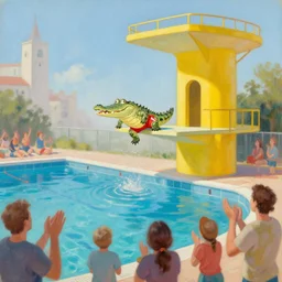 scene at the yellow 1 0 m tower of a swimming pool. a happy crocodile wearing red swimming shorts is jumping into the swimming pool from the 1 0 m high tower platform. people are applauding, oil painting