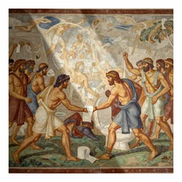 an ancient greek mural depicting the battle for toilet paper