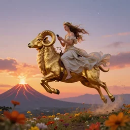goddess riding flying golden ram by josephine wall, trending on artstation, checking her phone, erupting volcano in distance, flowers in foreground, sunset, stars in sky, fantasy, 8 k