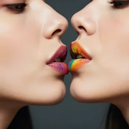 close photo shot still of two womens rainbow painted lips kissing