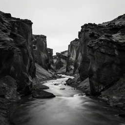 minimalist black and white photograph, of an icelandic canyon, time exposure, of a river, in the style of denis villeneuve