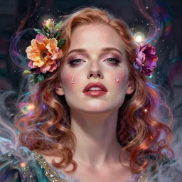 jessica chastain, portrait, colorful and vibrant majestic, royal, open wide eyes, drops of tear with flowers on her hair, glowing light orbs, intricate concept art, elegant, digital painting, smooth, sharp focus, ethereal opalescent mist, outrun, vaporware, cyberpunk darksynth, ethereal, ominous, misty, 8 k, by ruan jia and miho hirano, rendered in octane