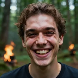 hyper - realistic close - up on the smiling ugly face of a tik tok influencer dancing in a forest in fire